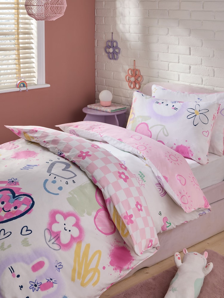 2 Pack Flower/Heart Character Icons Duvet Cover and Pillowcase Set - Image 1 of 6