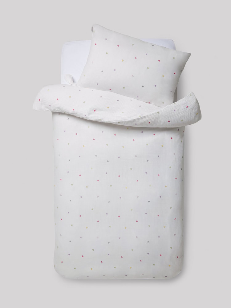 Multi Hearts Crinkle Muslin 100% Cotton Duvet Cover and Pillowcase Set - Image 4 of 6
