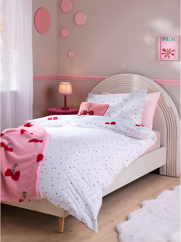 Red Cherry Poms Printed Polycotton Duvet Cover and Pillowcase Bedding Set - Image 2 of 9
