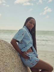Blue Embroidered 100% Cotton Pull On Denim Shorts - Image 2 of 5