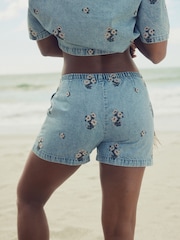 Blue Embroidered 100% Cotton Pull On Denim Shorts - Image 4 of 5