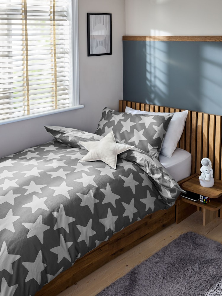 Grey Stars 100% Cotton Printed Bedding Duvet Cover and Pillowcase Set - Image 1 of 7