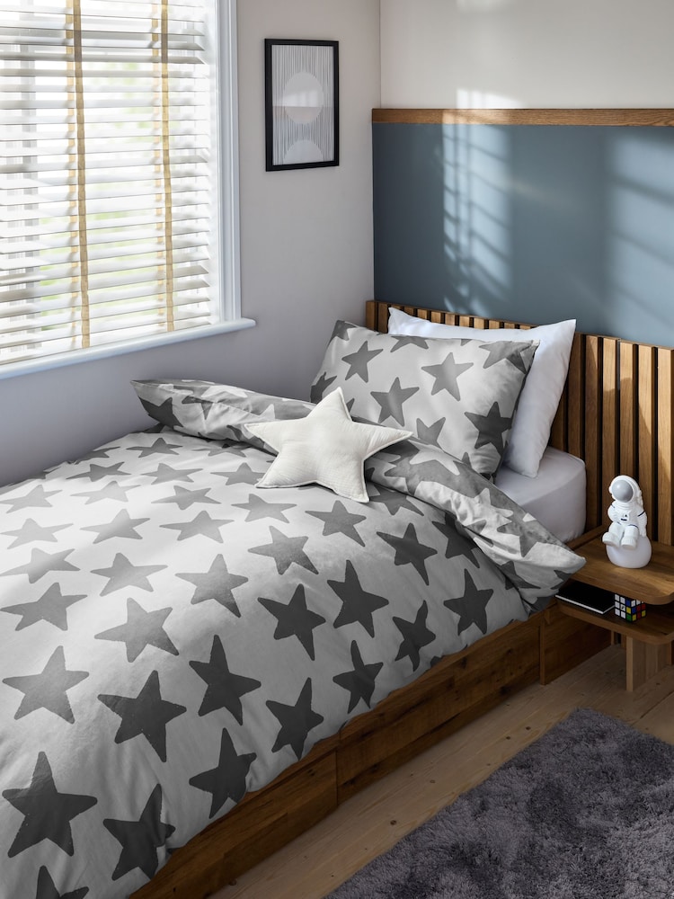 Grey Stars 100% Cotton Printed Bedding Duvet Cover and Pillowcase Set - Image 2 of 7