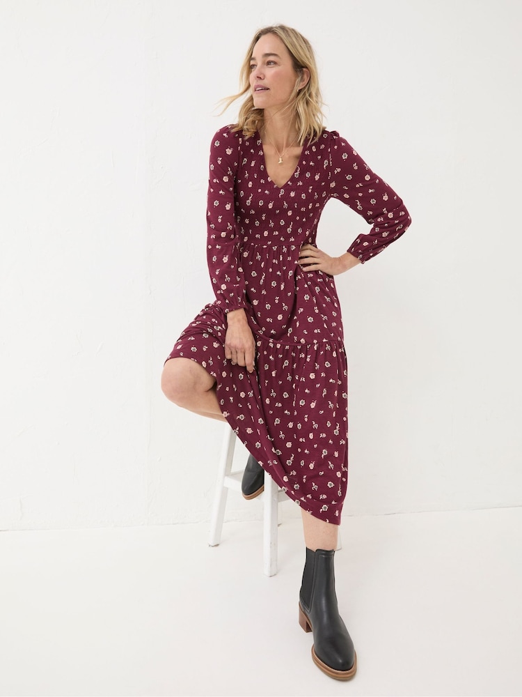 FatFace Danielle Dark Red Wild Ditsy Jersey Dress - Image 1 of 5