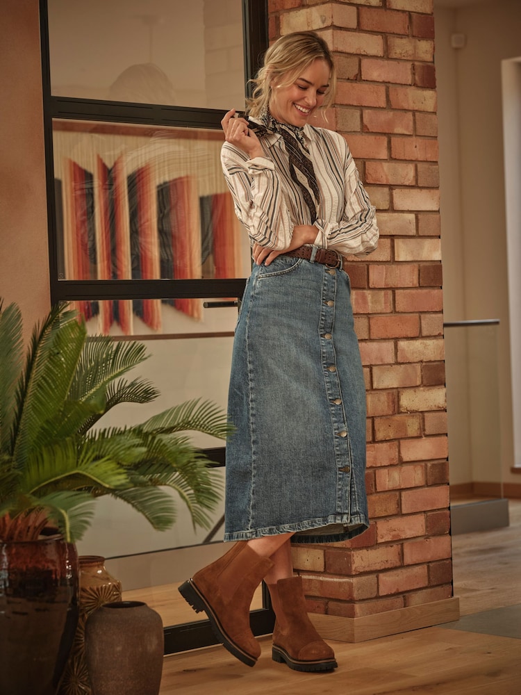 FatFace Darna Blue Denim Midi Skirt - Image 1 of 6