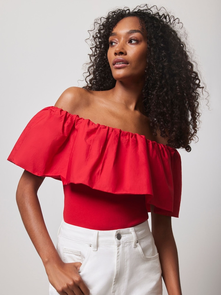 Mint Velvet Red Cotton Bardot Top - Image 1 of 4 Mint Velvet Red Cotton Bardot Top - Image 1 of 4