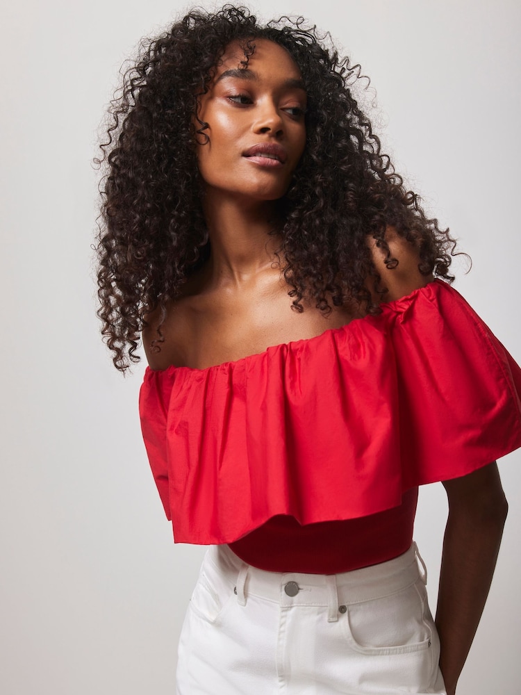 Mint Velvet Red Cotton Bardot Top - Image 2 of 4