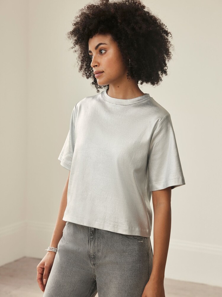 Mint Velvet Silver Metallic Ultimate T-Shirt - Image 2 of 4 Mint Velvet Silver Metallic Ultimate T-Shirt - Image 2 of 4