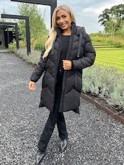 AX Paris Hooded Long Line Puffer Black Coat - Image 1 of 4