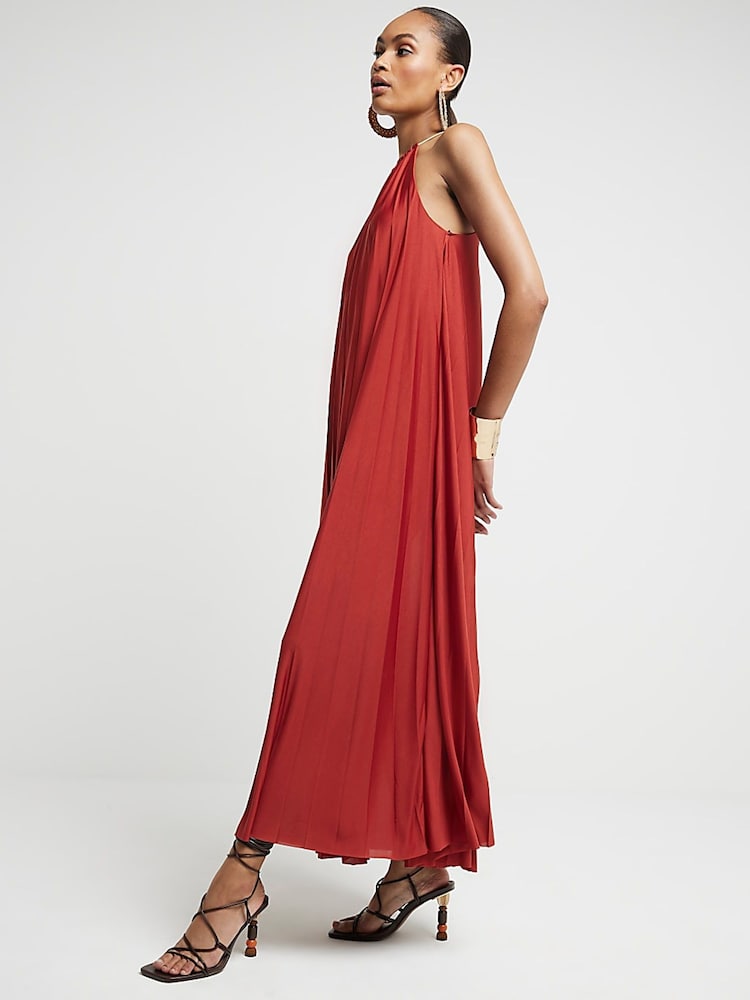 River Island Orange Rust Halter Neck Pleated Maxi Dress - Image 1 of 5 River Island Orange Rust Halter Neck Pleated Maxi Dress - Image 1 of 5