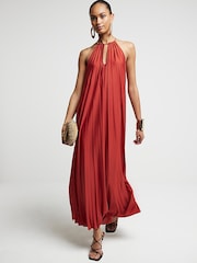 River Island Orange Rust Halter Neck Pleated Maxi Dress - Image 2 of 5