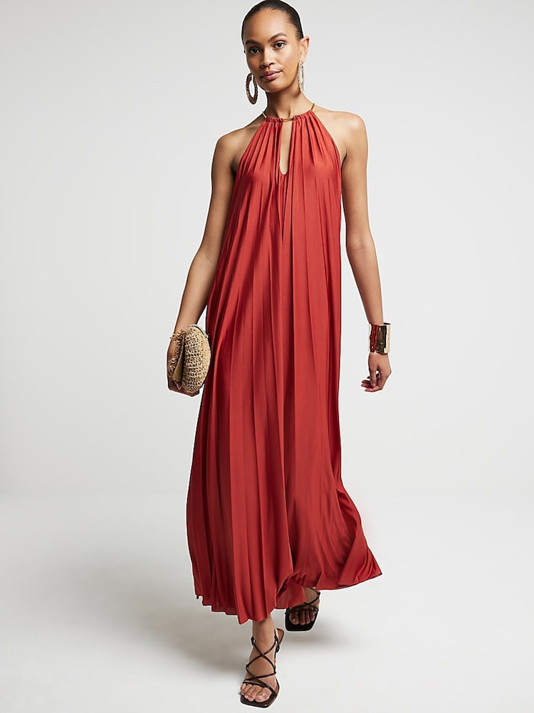 River Island Orange Rust Halter Neck Pleated Maxi Dress - Image 2 of 5 River Island Orange Rust Halter Neck Pleated Maxi Dress - Image 2 of 5