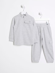 River Island Light Grey Boys Utility 100% Cotton Track Funnel and Joggers Set - Image 1 of 4