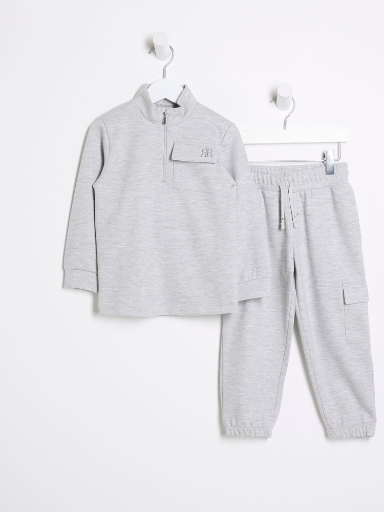River Island Light Grey Boys Utility 100% Cotton Track Funnel and Joggers Set - Image 1 of 4