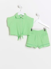 River Island Green Girls Cheese Cloth Tie 100% Cotton Shirt and Shorts Set - Image 1 of 4