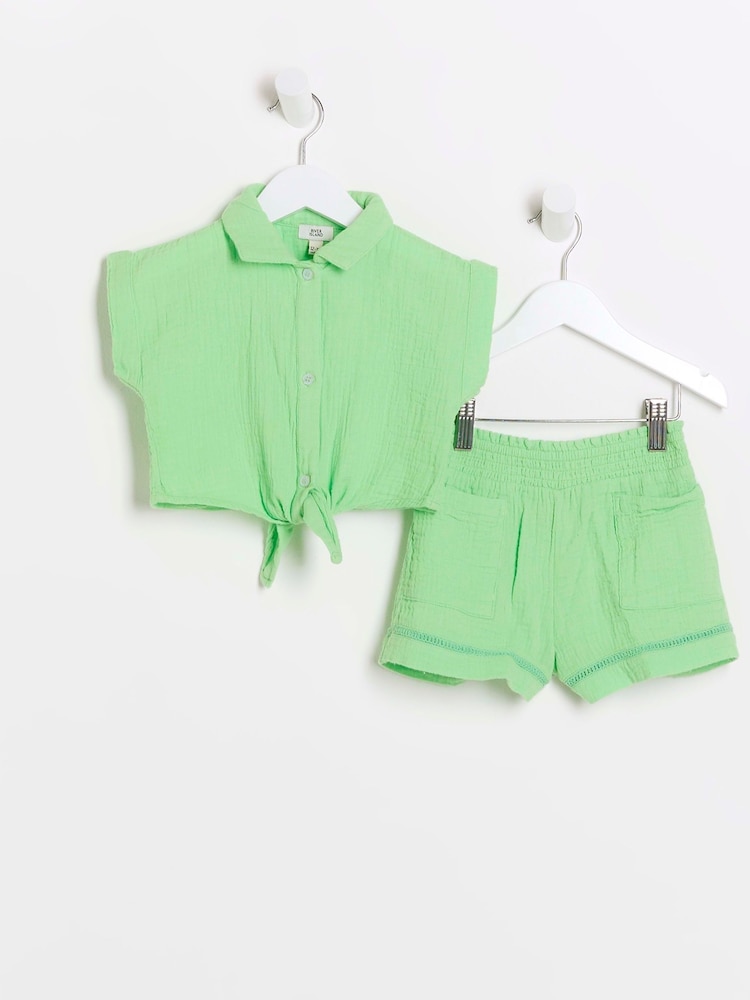 River Island Green Girls Cheese Cloth Tie 100% Cotton Shirt and Shorts Set - Image 1 of 4