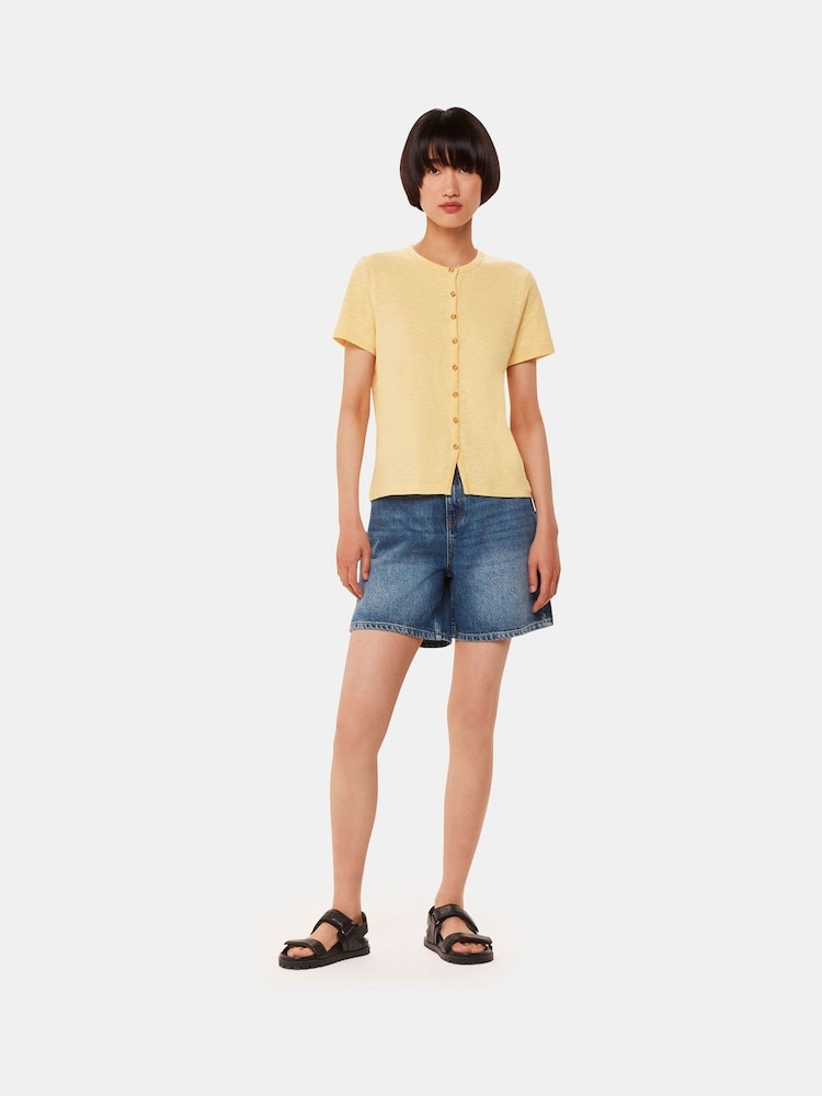 Whistles Yellow Isla Round Neck Button 100% Cotton T-Shirt - Image 1 of 5 Whistles Yellow Isla Round Neck Button 100% Cotton T-Shirt - Image 1 of 5