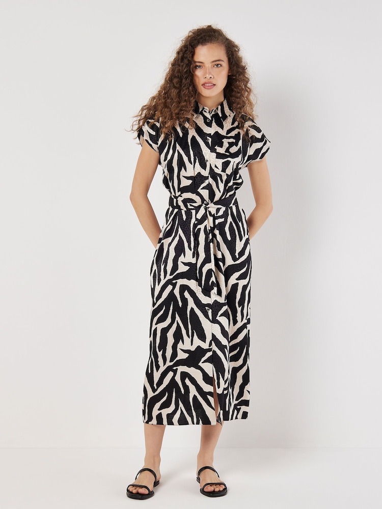 Apricot Cream Zebra Print Tie Waist Shirt Dress - Image 1 of 5