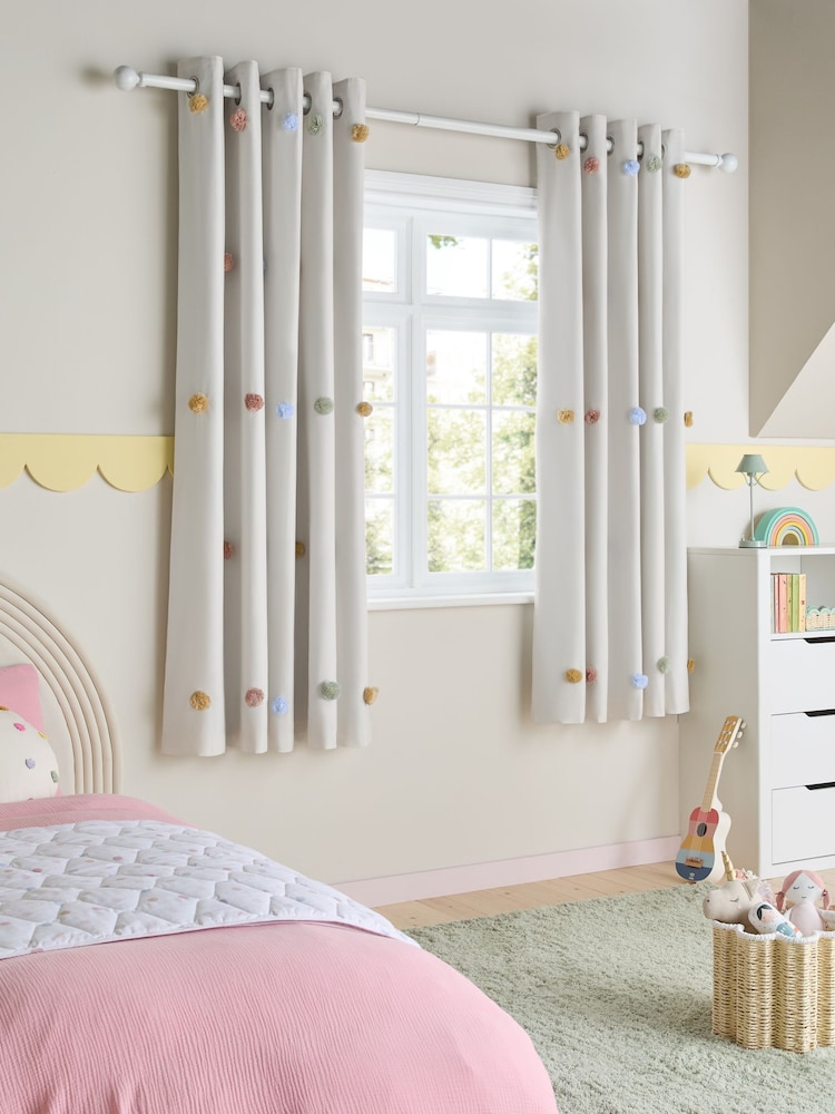Scandi Pom Eyelet Blackout Curtains - Image 1 of 5