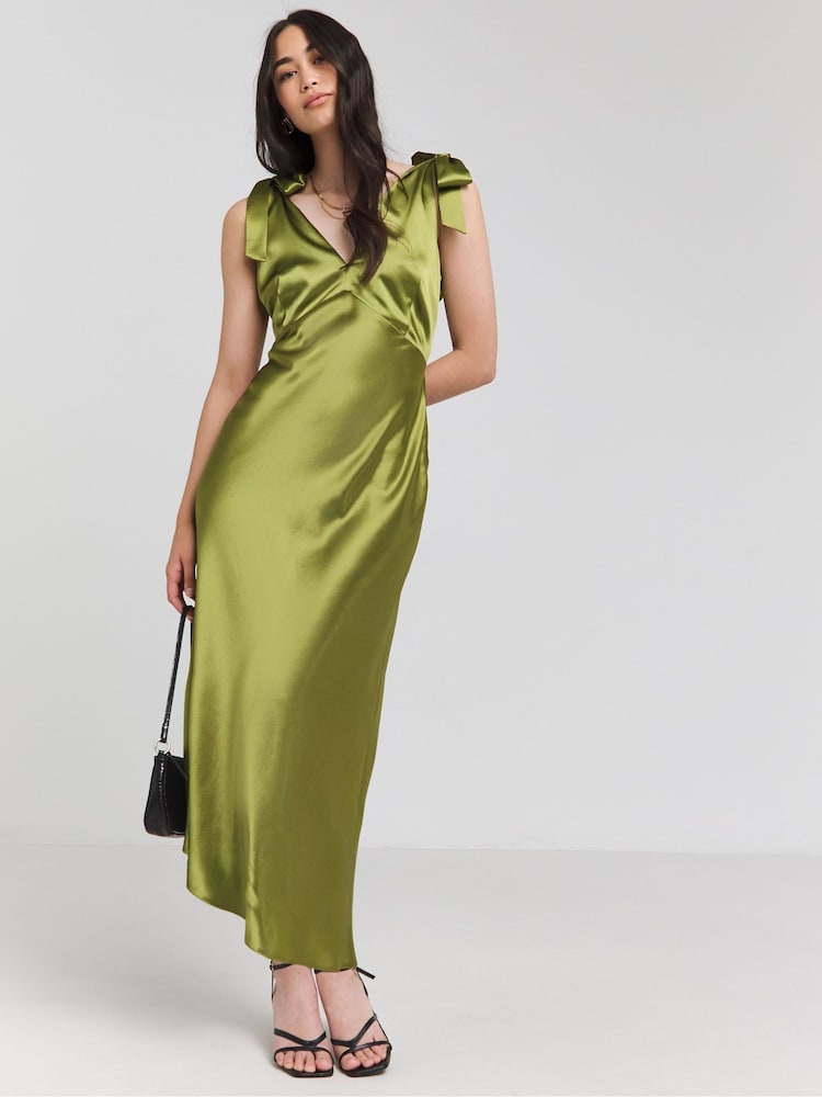 Simply Be Green Tie Strap Satin Dress - Image 1 of 5