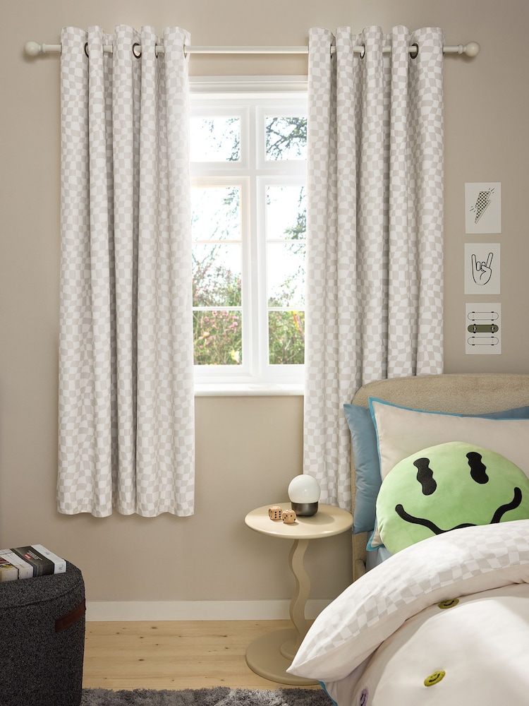 Natural Grey Checkerboard Eyelet Blackout Curtains - Image 2 of 5