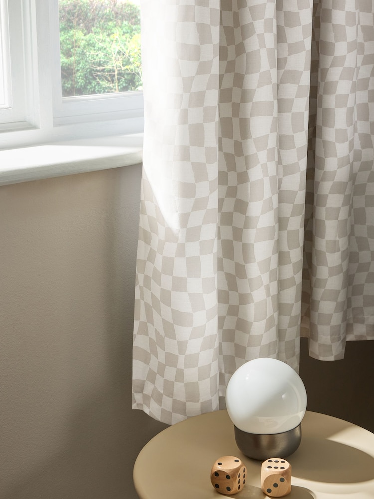 Natural Grey Checkerboard Eyelet Blackout Curtains - Image 4 of 5