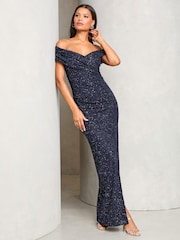 Lipsy Navy Blue Bardot Glitter Mesh Maxi Dress - Image 1 of 4