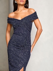 Lipsy Navy Blue Bardot Glitter Mesh Maxi Dress - Image 2 of 4