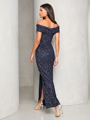 Lipsy Navy Blue Petite Bardot Glitter Mesh Maxi Dress - Image 4 of 4