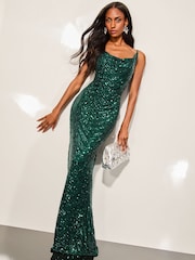 Lipsy Green Paige Sequin Cami Cowl Bridesmaid Dress - Image 1 of 4