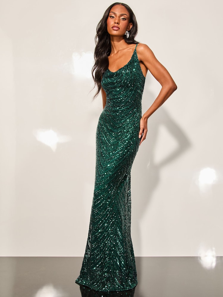 Lipsy Green Paige Sequin Cami Cowl Bridesmaid Dress - Image 2 of 4