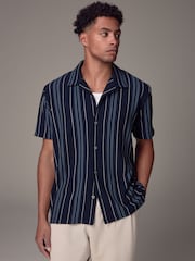 Blue Cuban Collar Textured Jersey Short Sleeve Shirt - Image 1 of 7