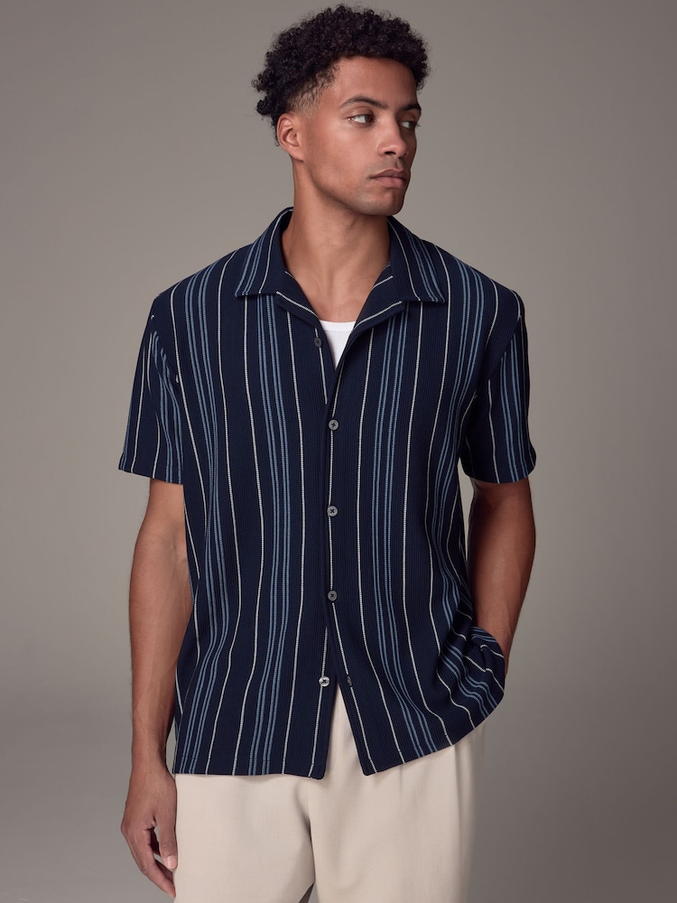 Blue Cuban Collar Textured Jersey Short Sleeve Shirt - Image 1 of 7