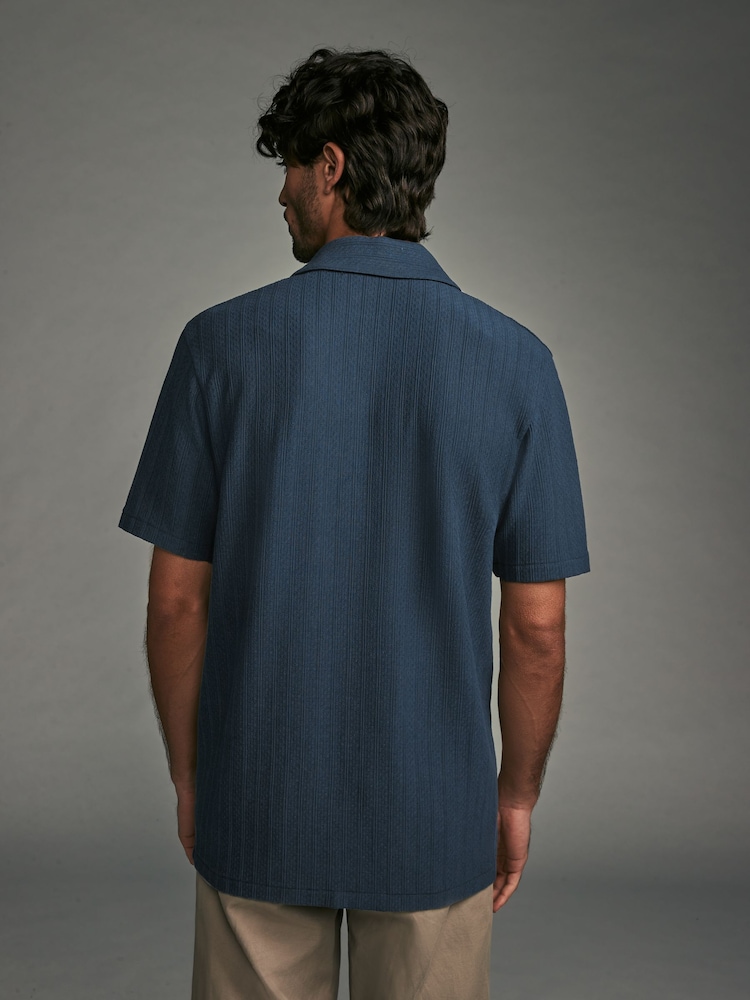 Navy Blue Cuban Collar Textured Jersey Short Sleeve Shirt - Image 3 of 8