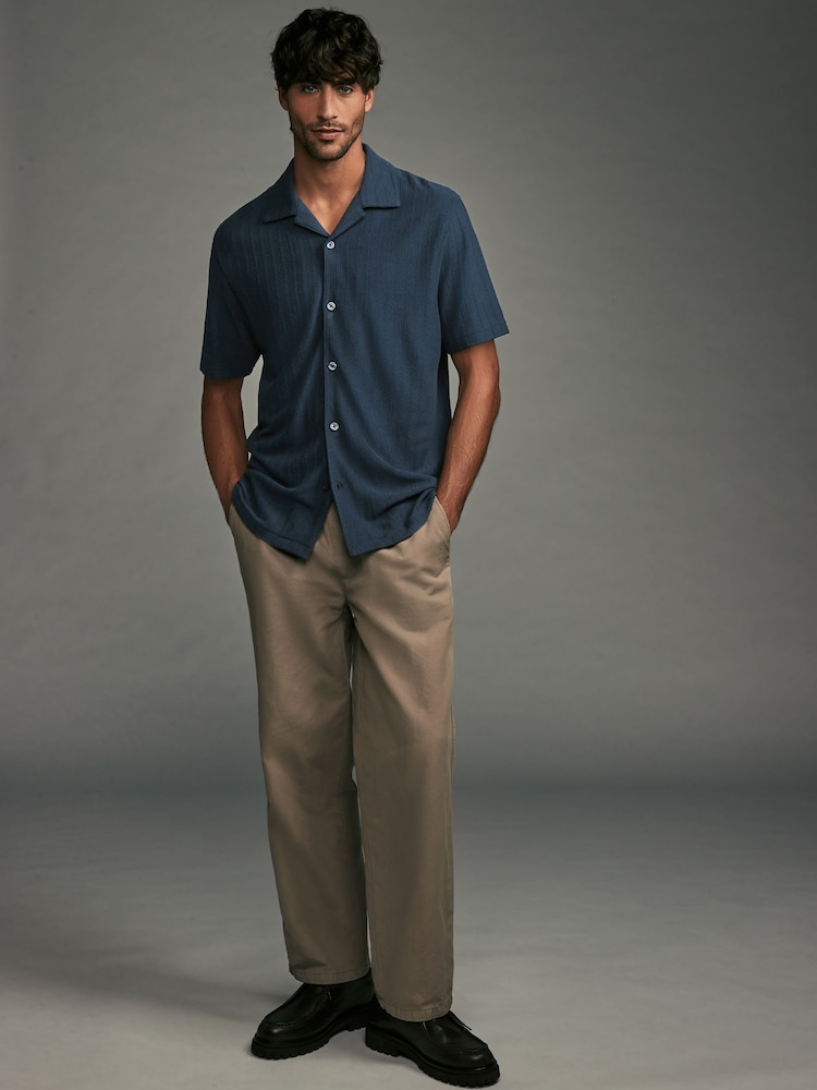 Navy Blue Cuban Collar Textured Jersey Short Sleeve Shirt - Image 4 of 8
