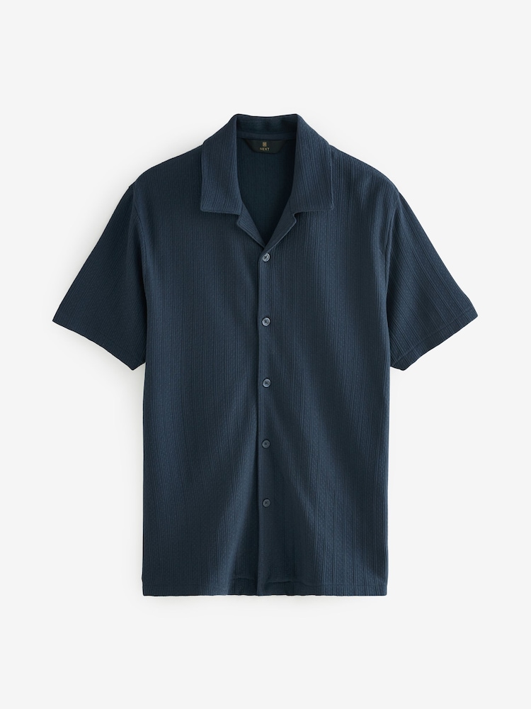 Navy Blue Cuban Collar Textured Jersey Short Sleeve Shirt - Image 6 of 8