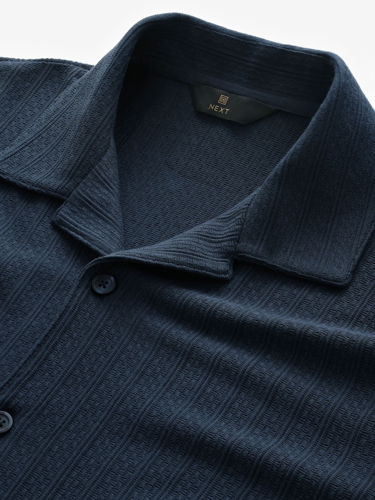 Navy Blue Cuban Collar Textured Jersey Short Sleeve Shirt - Image 7 of 8