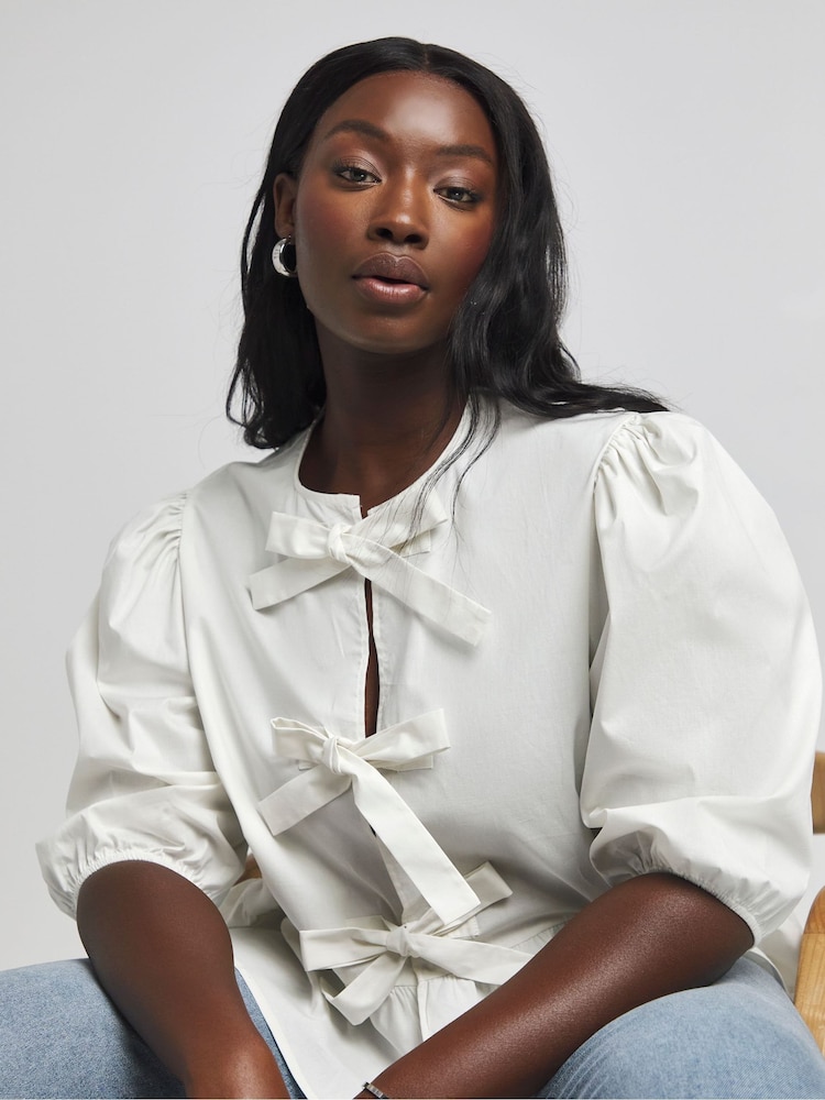 Simply Be White Tie Front Puff Sleeve Smock Top - Image 1 of 4 Simply Be White Tie Front Puff Sleeve Smock Top - Image 1 of 4