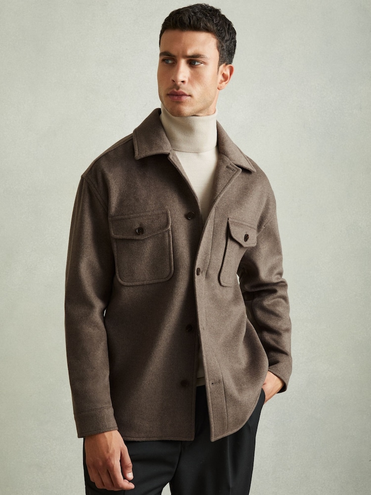 Reiss Light Brown Liam Wool-Blend Melton Overshirt - Image 1 of 6