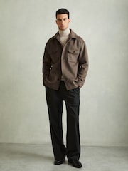 Reiss Light Brown Liam Wool-Blend Melton Overshirt - Image 3 of 6