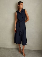 Reiss Navy Morgan Petite Viscose Blend Belted Shirt Dress - Image 1 of 7