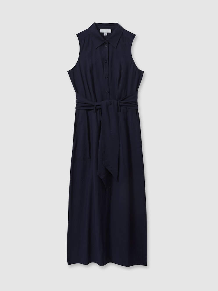 Reiss Navy Morgan Petite Viscose Blend Belted Shirt Dress - Image 2 of 7