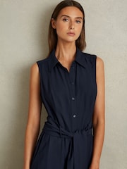 Reiss Navy Morgan Petite Viscose Blend Belted Shirt Dress - Image 3 of 7
