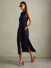 Reiss Navy Morgan Petite Viscose Blend Belted Shirt Dress - Image 4 of 7