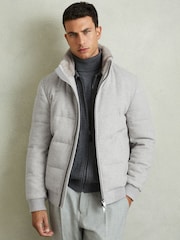 Reiss Soft Grey Melange Farid Quilted Wool-Blend herringbone and Faux-Fur Jacket - Image 1 of 7