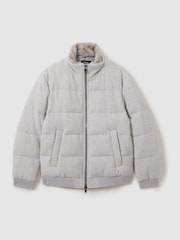 Reiss Soft Grey Melange Farid Quilted Wool-Blend herringbone and Faux-Fur Jacket - Image 2 of 7
