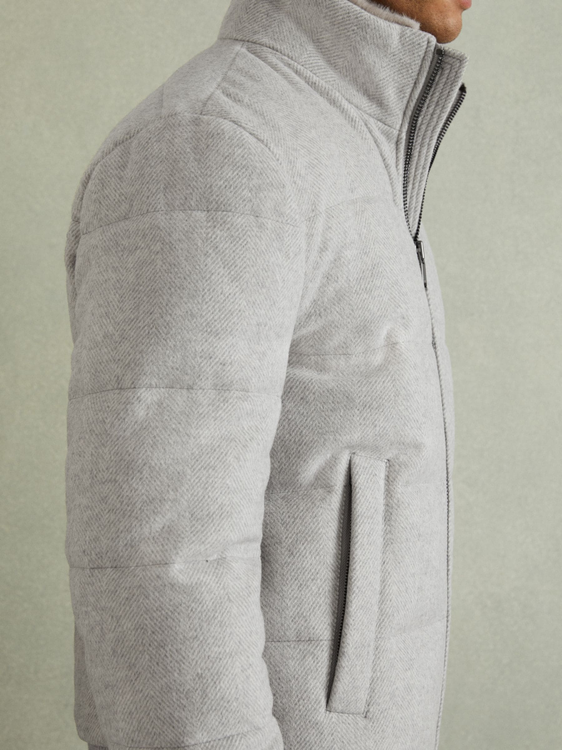 Buy Reiss Soft Grey Melange Farid Quilted Wool Blend Herringbone and Faux Fur Jacket from Next Netherlands