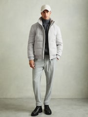 Reiss Soft Grey Melange Farid Quilted Wool-Blend herringbone and Faux-Fur Jacket - Image 6 of 7