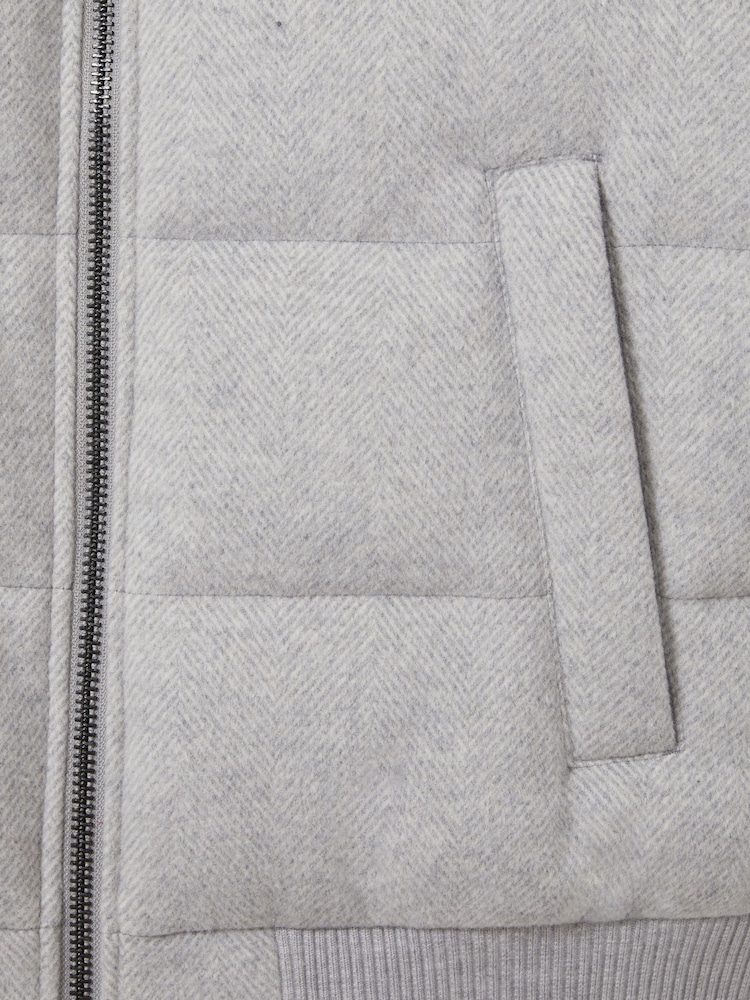 Reiss Soft Grey Melange Farid Quilted Wool-Blend herringbone and Faux-Fur Jacket - Image 7 of 7
