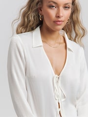 Simply Be White Tie Front Long Sleeve Hammered Satin Shirt - Image 4 of 4